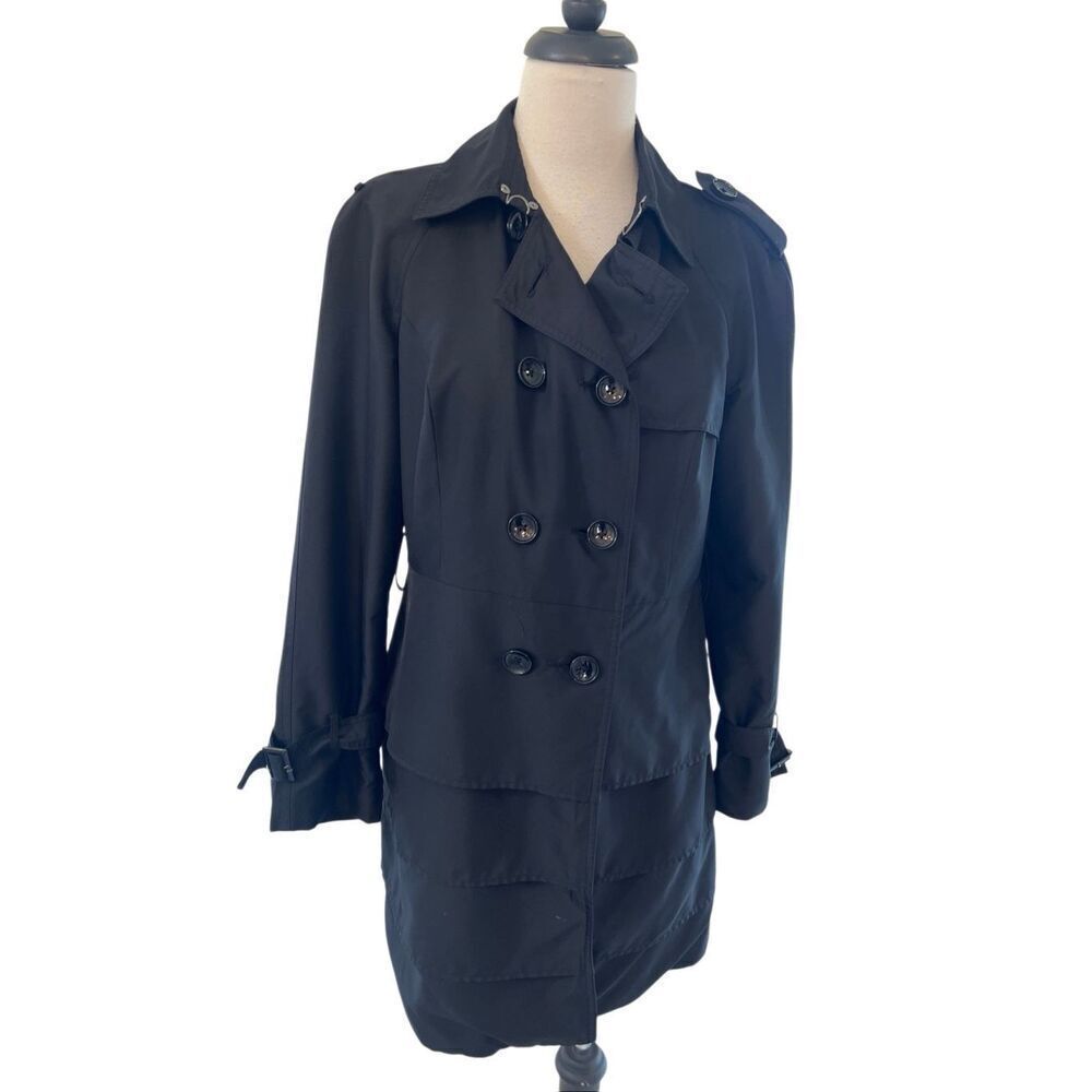Anne Klein Women's Double Breasted Layered Hem Pea Coat Jacket Black Size Small